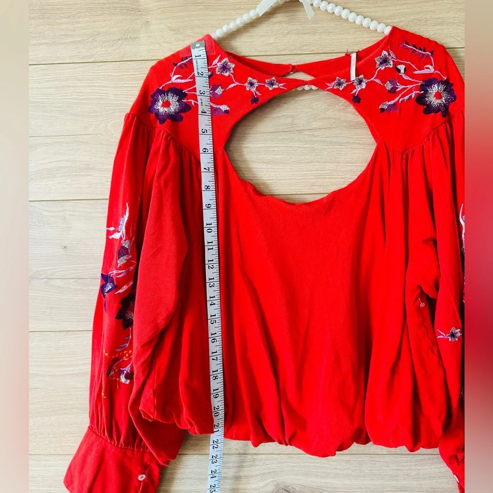 Free People Red Floral Embroidered Blouse